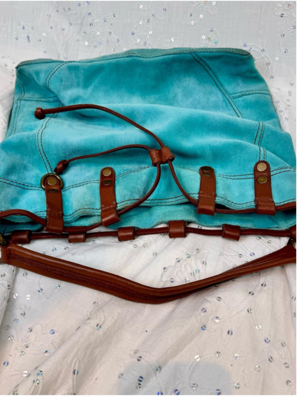 Lucky Brand Y2K Teal Suede Leather Drawstring Hobo Bag Boho Bucket Purse - Picture 6 of 7